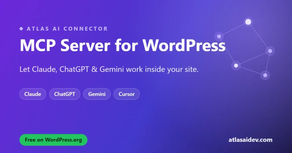 Atlas AI Connector banner titled "MCP Server for WordPress," with the tagline "Let Claude, ChatGPT and Gemini work inside your site" and a "Free on WordPress.org" badge.