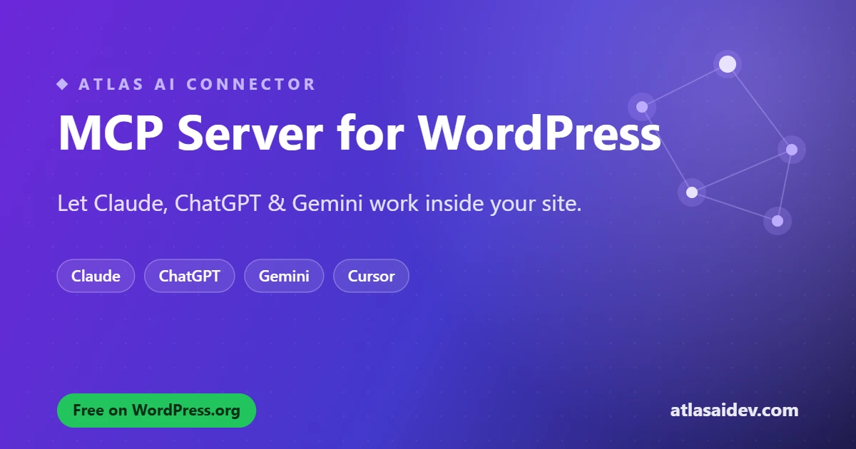 Atlas AI Connector banner titled "MCP Server for WordPress," with the tagline "Let Claude, ChatGPT and Gemini work inside your site" and a "Free on WordPress.org" badge.