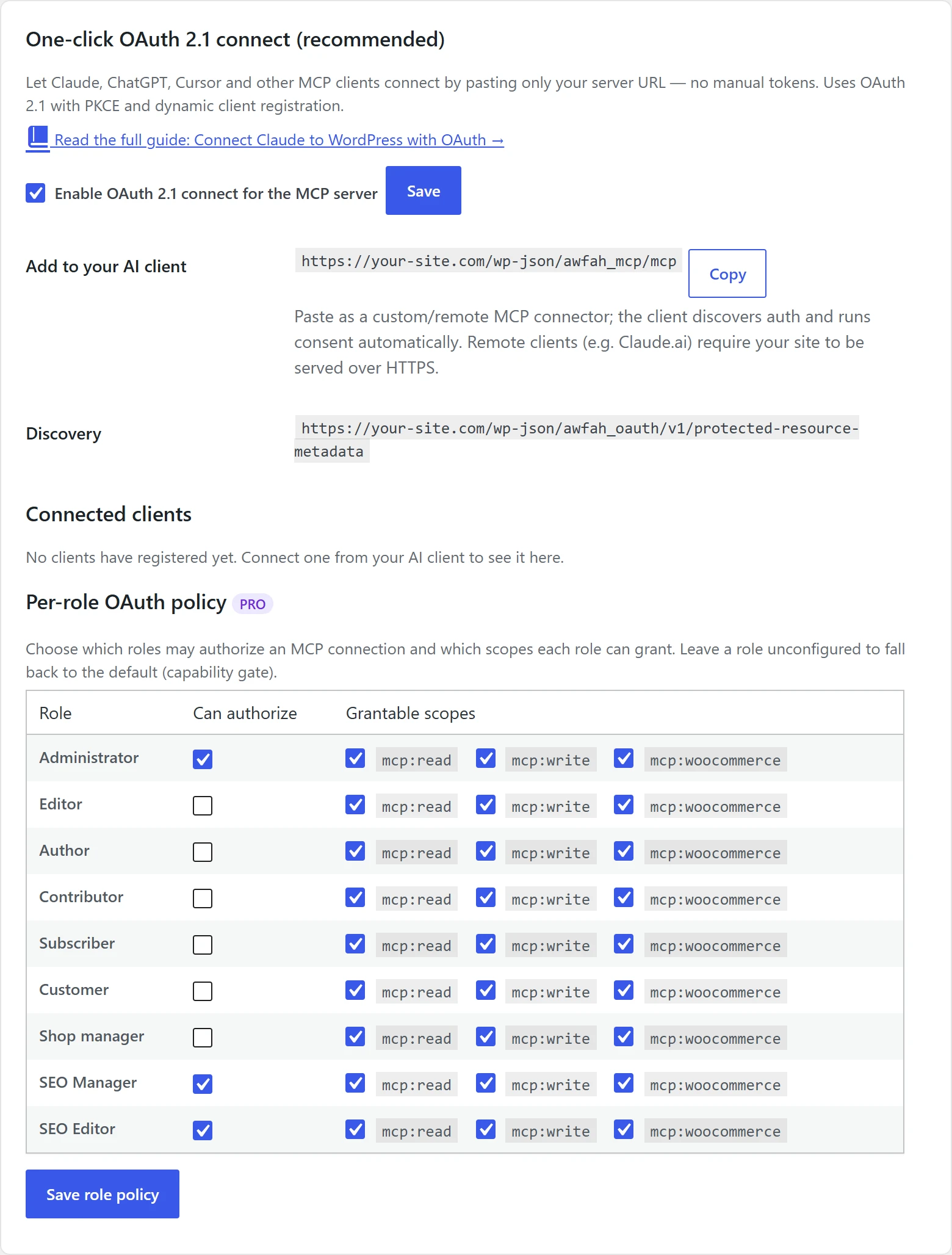 MCP Auth screen to enable OAuth 2.1, copy the MCP server URL and manage connected Claude and ChatGPT clients