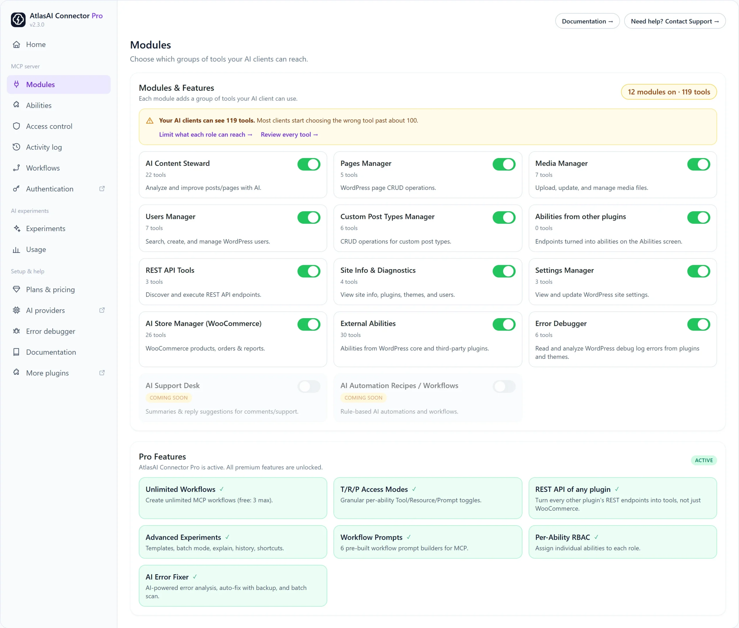 AtlasAI Connector Modules screen with toggles to choose which WordPress AI tool groups an MCP client can use