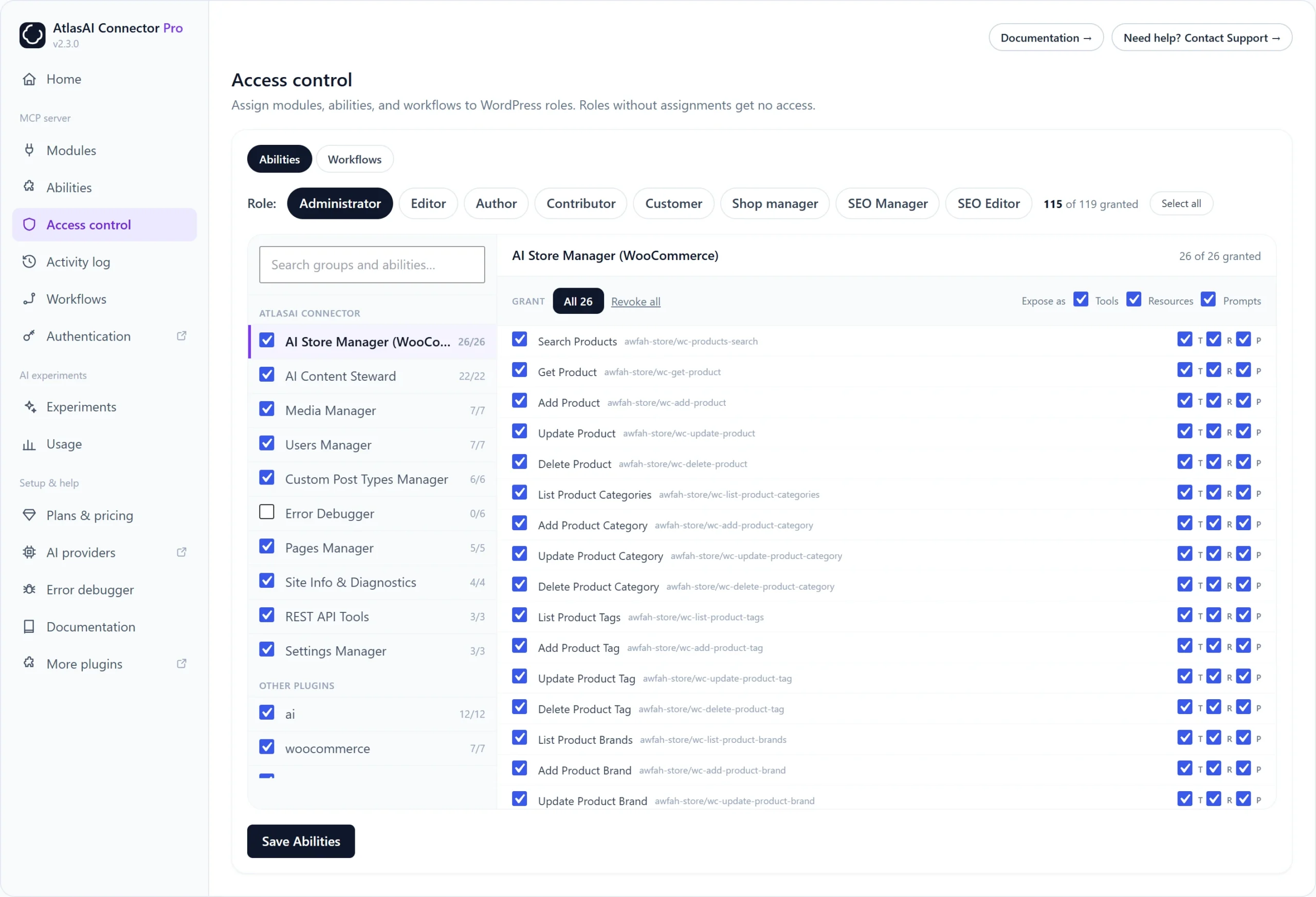 Access control screen assigning MCP abilities and workflows to WordPress user roles