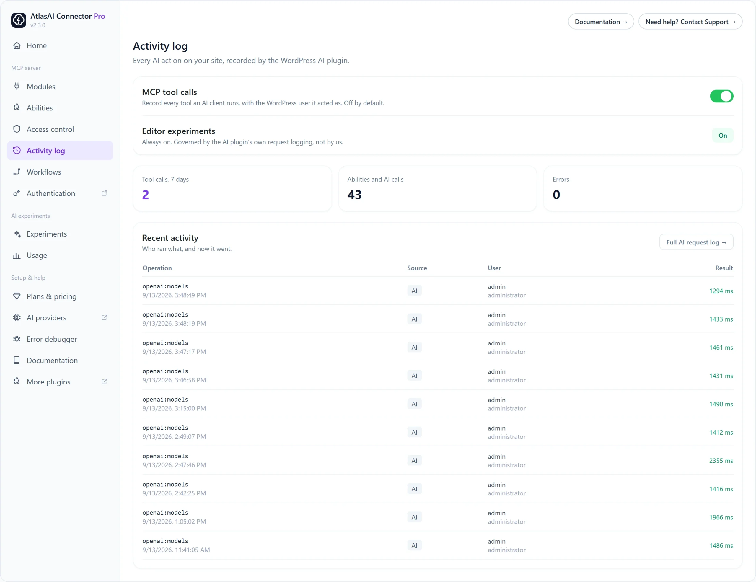 Activity log screen with the switch to record every MCP tool call an AI client runs in WordPress