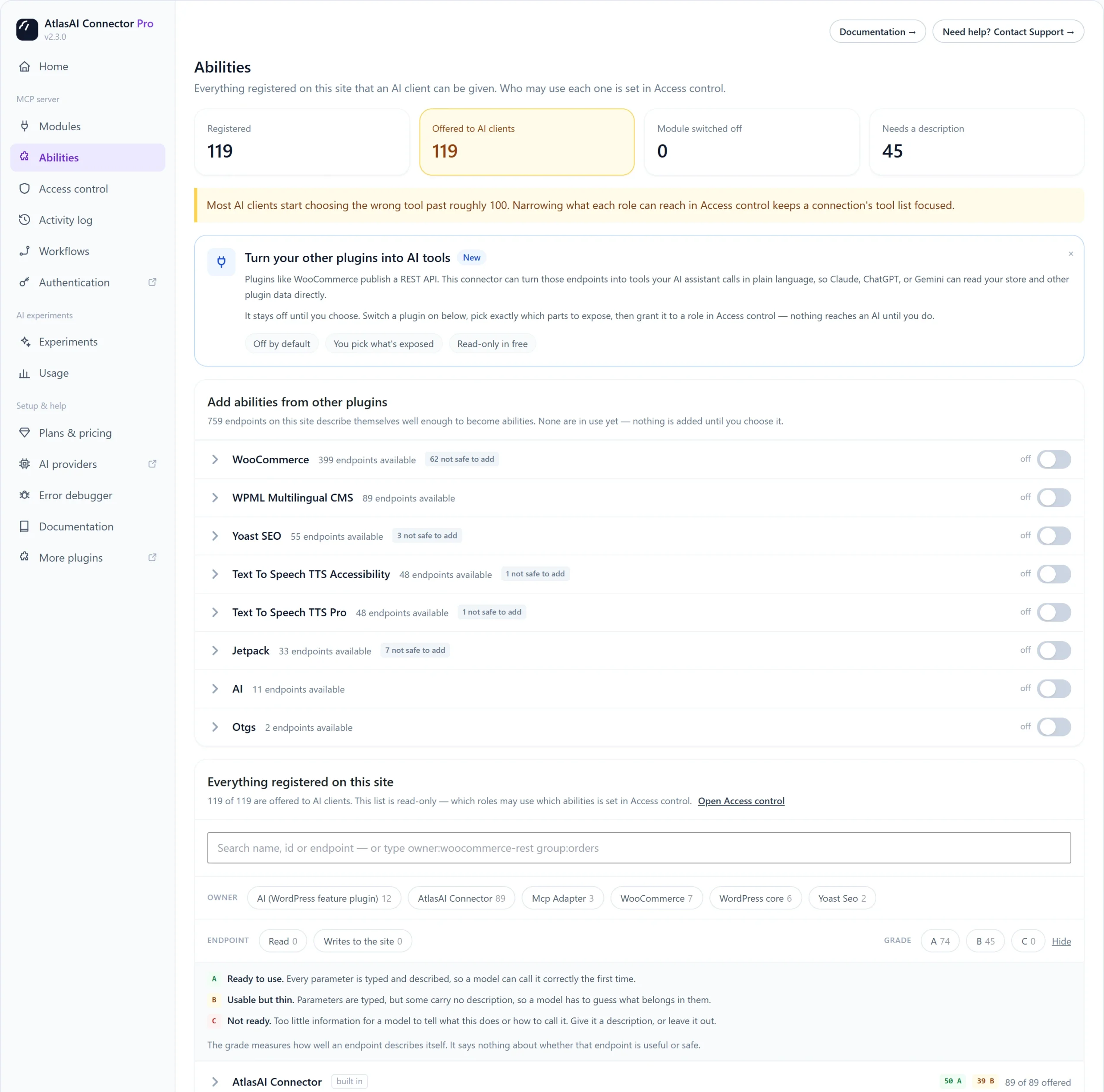 Abilities screen listing every WordPress ability and plugin REST endpoint that can become an AI tool