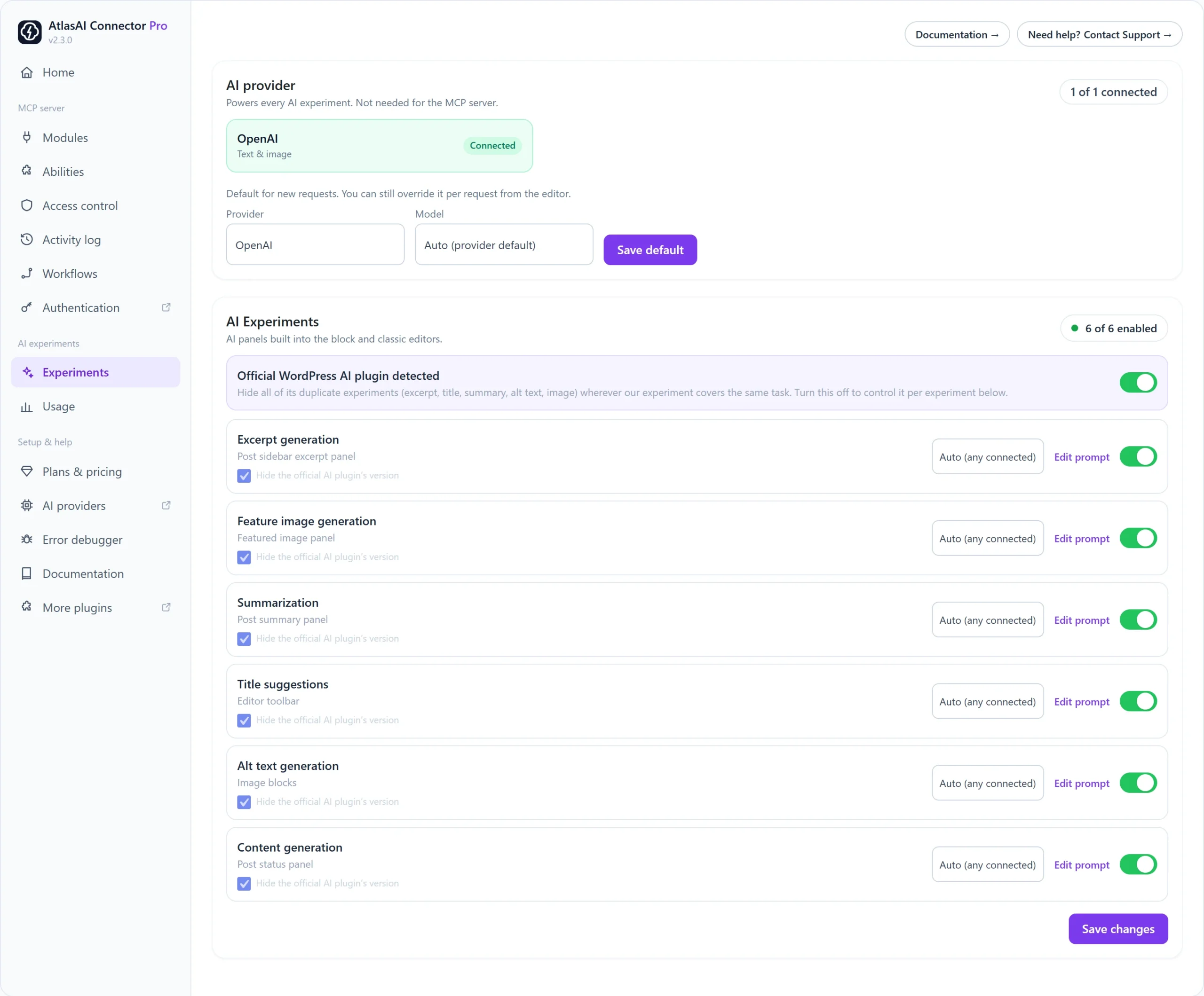 AI experiments screen with AI provider and model defaults for excerpt, title, summary, image, alt text and content generation