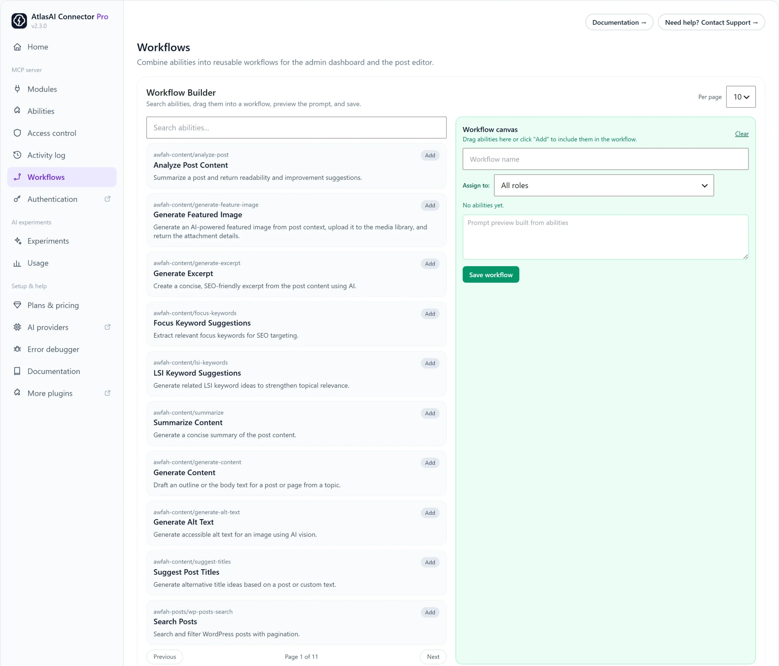 Workflow builder that combines WordPress abilities into a reusable AI prompt for the dashboard and post editor