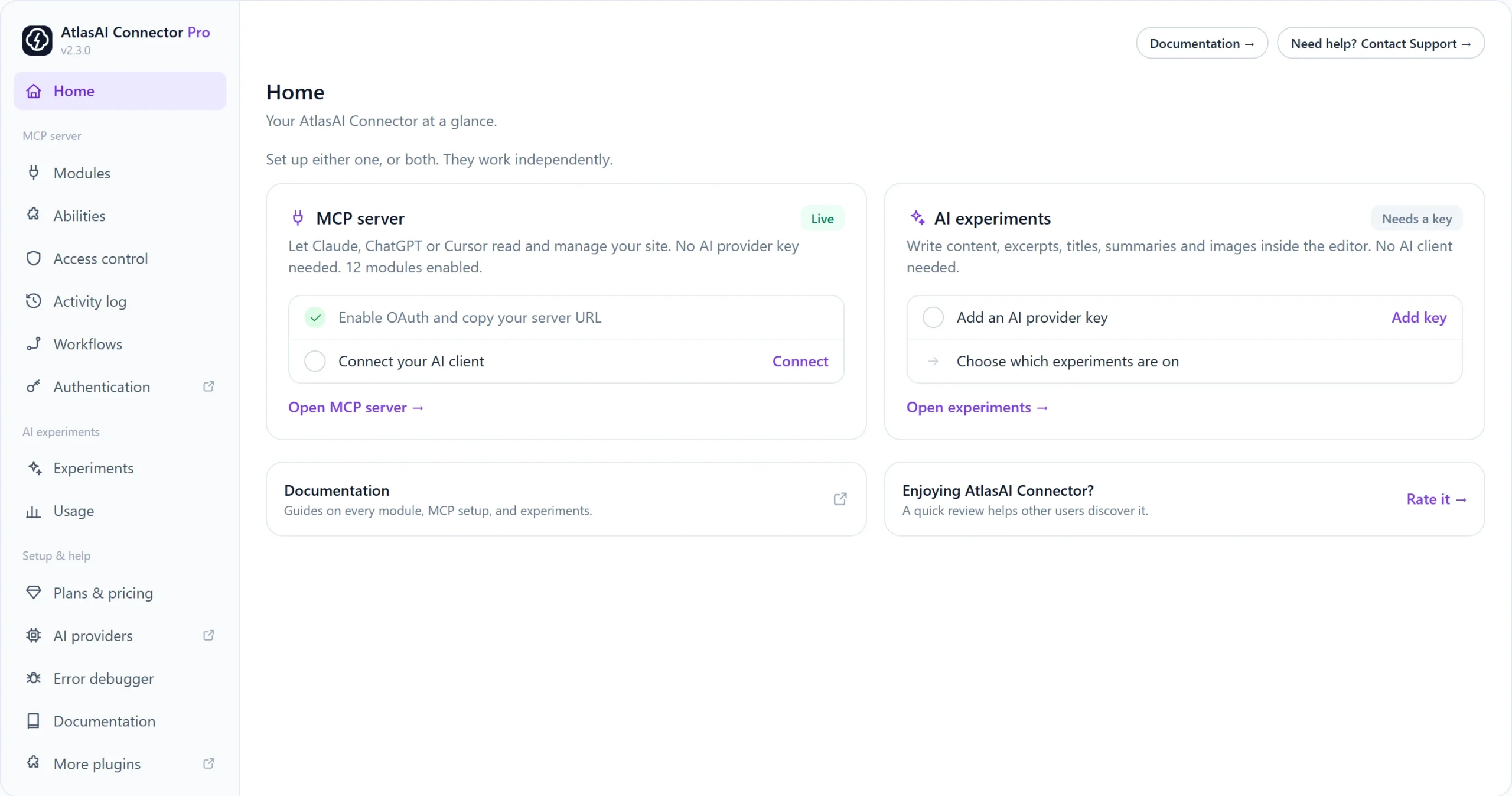 AtlasAI Connector dashboard home in WordPress showing MCP server and AI experiments setup status