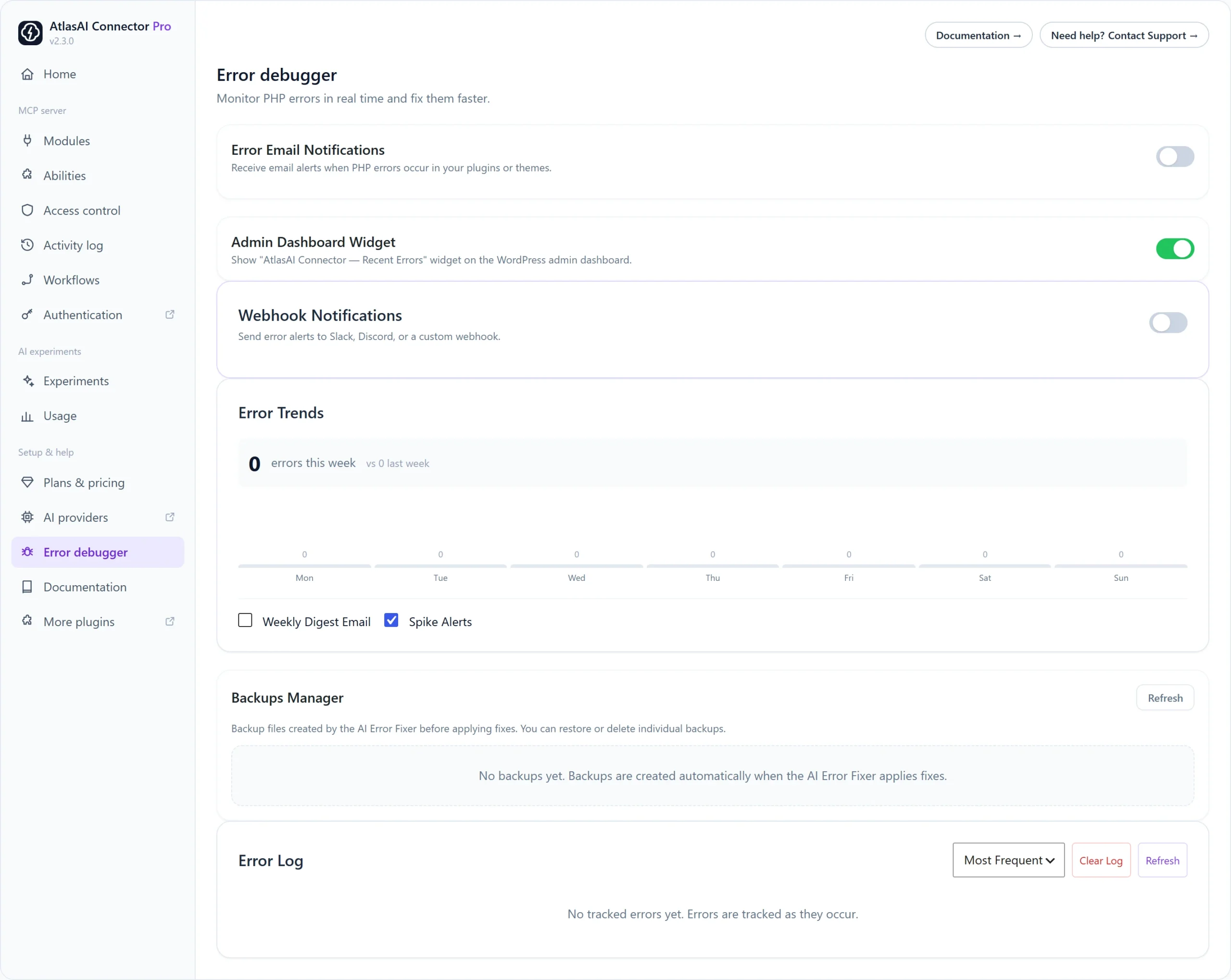 Error debugger screen with PHP error log, email alerts and webhook notifications for WordPress