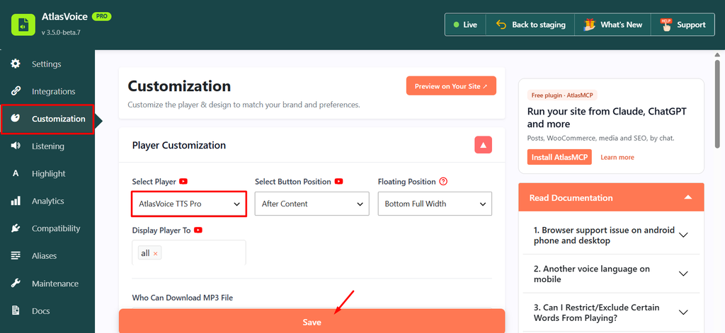AtlasVoice Customization tab for spanish tex to speech