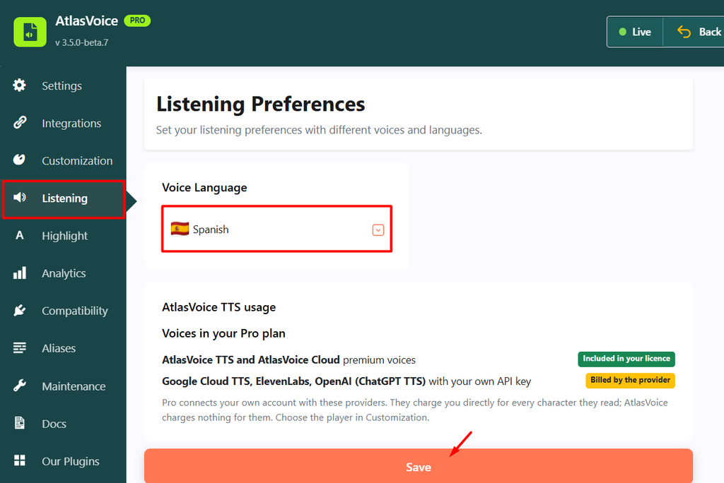 AtlasVoice Listening tab for spanish text to speech