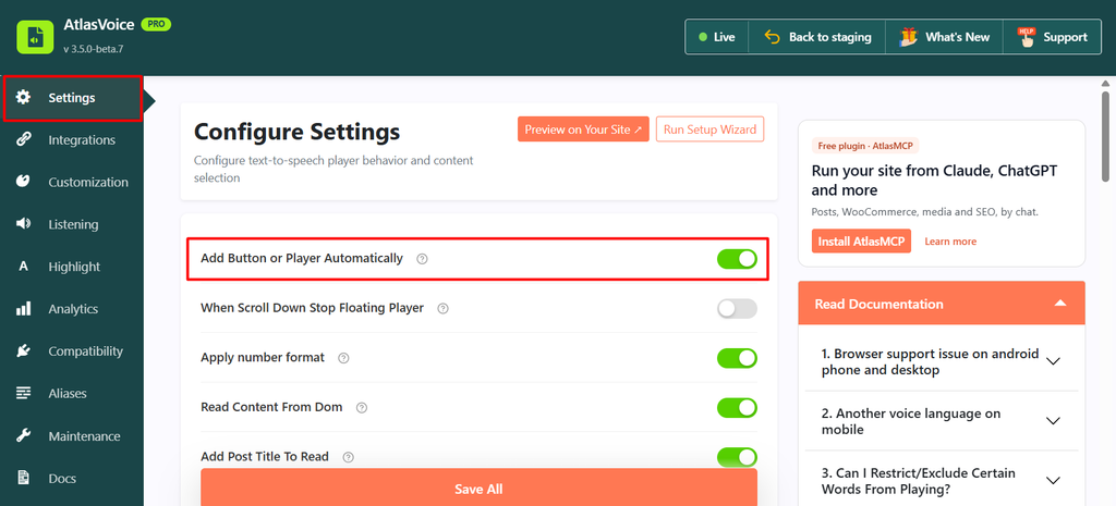 atlasvoice settings tab